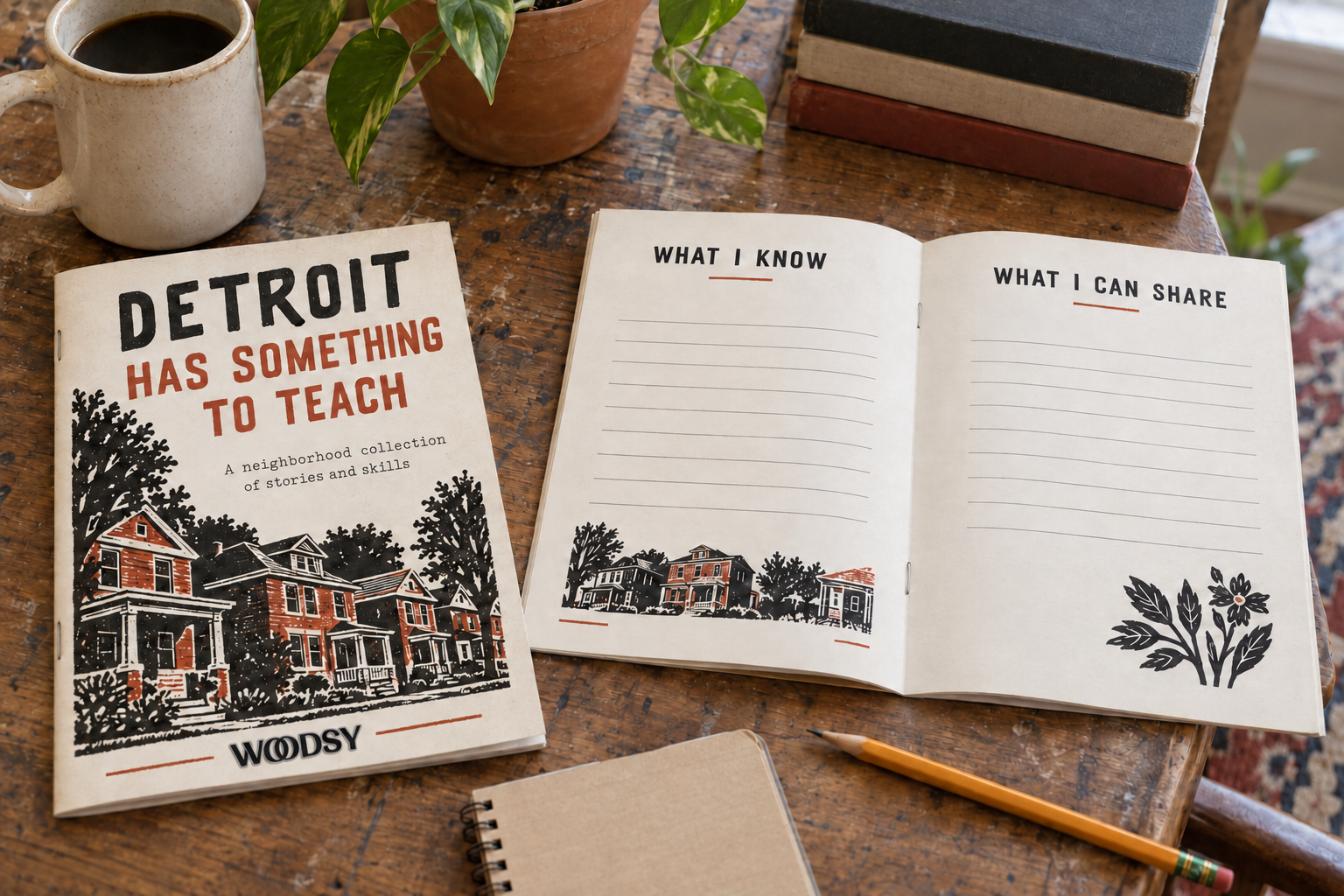 Concept booklet with Detroit neighborhood artwork and pages for recording knowledge and skills