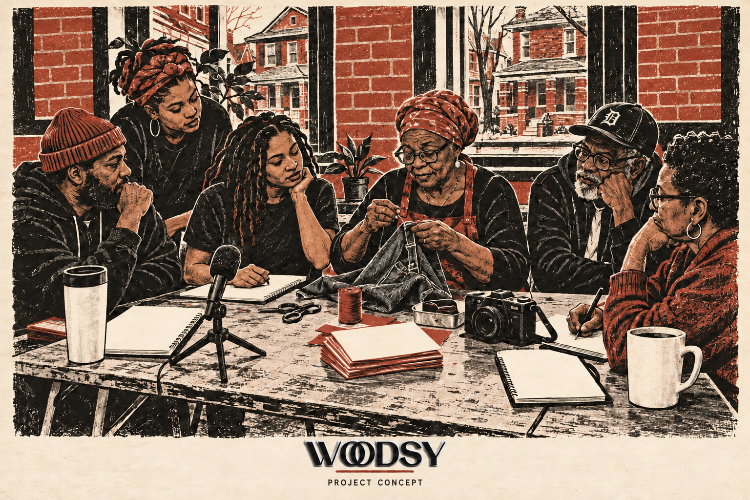 Concept illustration of Detroit neighbors learning clothing repair together around a workshop table